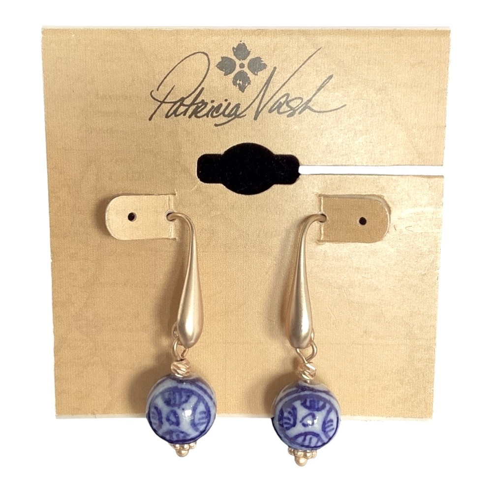 Patricia Nash Dangle Earrings Blue White Pattern Glass Bead Brushed Gold Tone